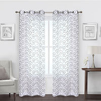 Regal Home Embroidered Swirl Sheer Grommet Top Set of 2 Curtain Panel, One Size, Gray