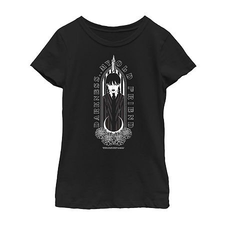 Little & Big Girls Crew Neck Short Sleeve Wednesday Addams Graphic T-Shirt, Small, Black