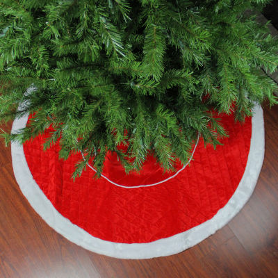 48'' Red and White Quilted Faux Fur Border Christmas Tree Skirt