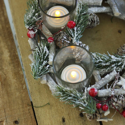 9'' Frosted Pine Cones  Berries and Stars Christmas Glass Votive Candle Holder