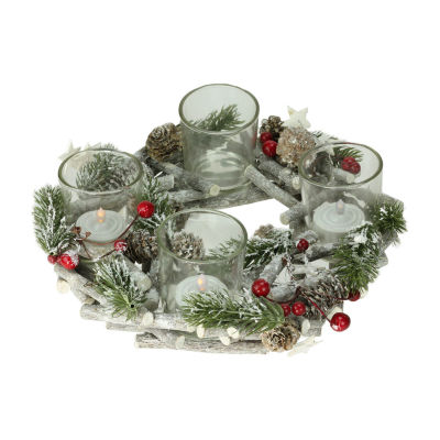 9'' Frosted Pine Cones  Berries and Stars Christmas Glass Votive Candle Holder