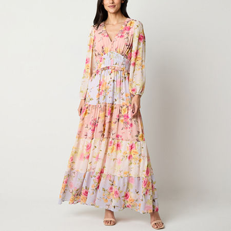 Melonie T Womens Long Sleeve Floral Maxi Dress, 14, Pink