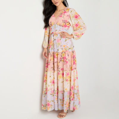 Melonie T Womens Petite Long Sleeve Floral Maxi Dress