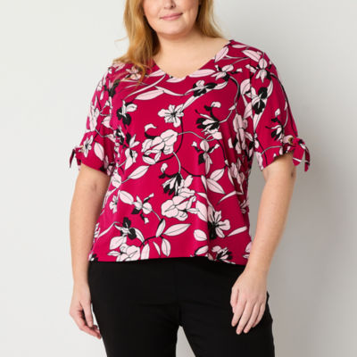Liz Claiborne Plus Womens V Neck Short Sleeve Blouse