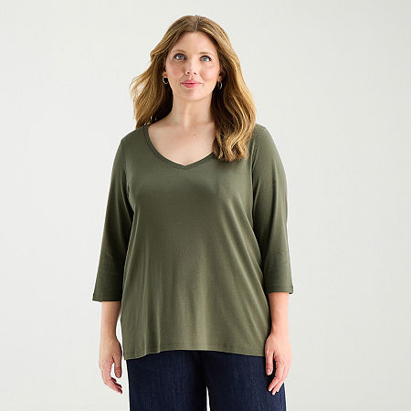 St. John's Bay Womens Plus V Neck 3/4 Sleeve T-Shirt, 2x, Green