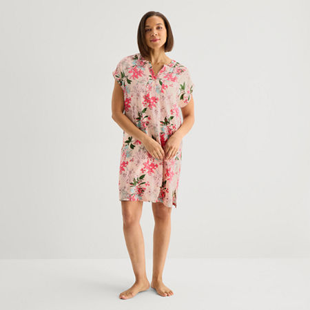 Liz Claiborne Womens Short Sleeve Y Neck Nightshirt, Large, White