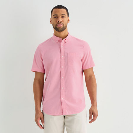 St. John's Bay Oxford Mens Short Sleeve Classic Fit Button-Down Shirt, Large, Pink