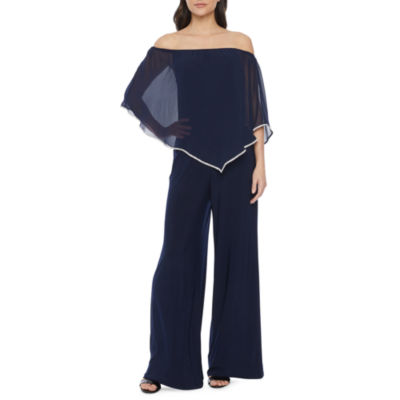 MSK Off The Shoulder Rhinestone Trim Popover Jumpsuit, Color Navy