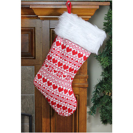 19'' Red And White Hearts With Snowflakes Knit Christmas Stocking Faux Fur Cuff, One Size, White