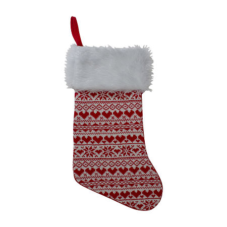 19'' Red And White Hearts With Snowflakes Knit Christmas Stocking Faux Fur Cuff, One Size, White