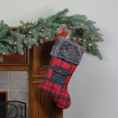 20.5'' Red and Black Plaid Christmas Stocking with Pocket and Faux Fur Cuff