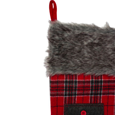 20.5'' Red and Black Plaid Christmas Stocking with Pocket and Faux Fur Cuff