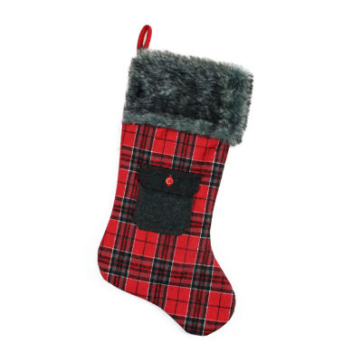 20.5'' Red and Black Plaid Christmas Stocking with Pocket and Faux Fur Cuff
