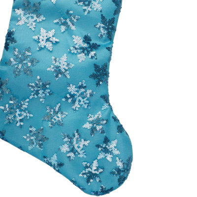 20.5'' Ice Palace Blue Sequin Snowflake Christmas Stocking with White Faux Fur Cuff