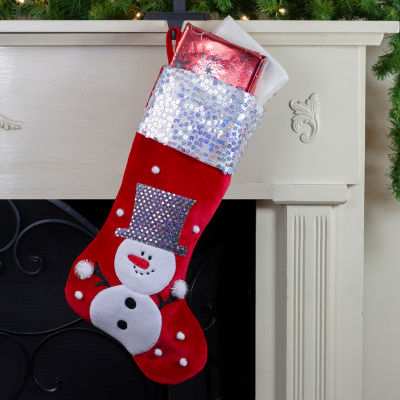 20.5'' Red and White Snowman Embroidered Christmas Stocking with Sequined Cuff