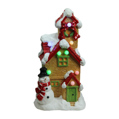 17'' Brown and Red LED Lighted Snow Covered Cottage Musical Christmas Tabletop Decor