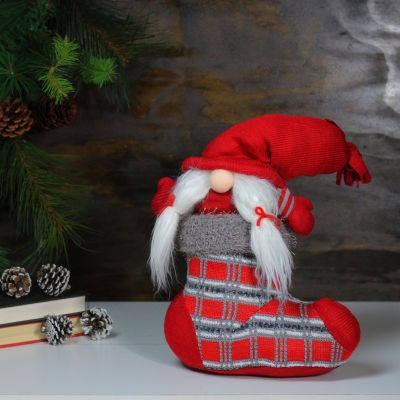 14.5'' Red and Gray ''Isolde'' Gnome in Christmas Stocking Tabletop Decoration