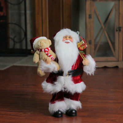 12'' Traditional Santa Claus Christmas Figure with Teddy Bear and Gift Bag