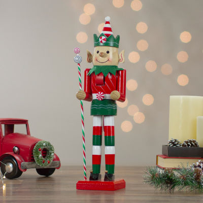 15'' Red and Green Traditional Striped Elf Christmas Nutcracker