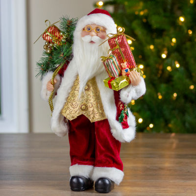 16'' Red and White Traditional Holly Berry Standing Santa Claus Christmas Figure with Gift Bag
