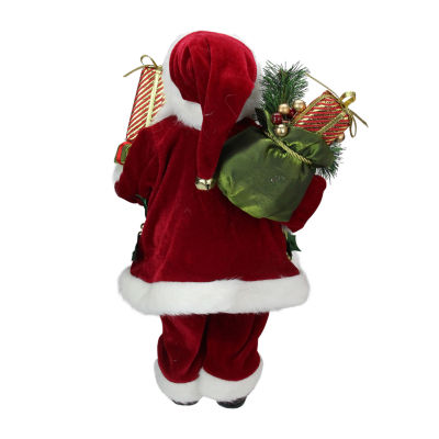 16'' Red and White Traditional Holly Berry Standing Santa Claus Christmas Figure with Gift Bag