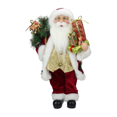 16'' Red and White Traditional Holly Berry Standing Santa Claus Christmas Figure with Gift Bag