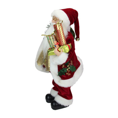 16'' Red and White Traditional Holly Berry Standing Santa Claus Christmas Figure with Gift Bag