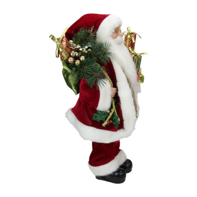 16'' Red and White Traditional Holly Berry Standing Santa Claus Christmas Figure with Gift Bag