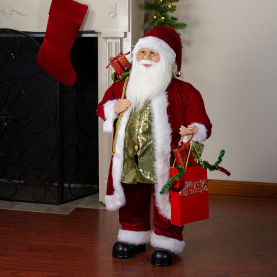 24'' Poinsettia Santa Claus with Gift Bag Christmas Figure