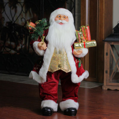 24'' Red Holly Berry Standing Santa Claus with Presents and Gift Bag Christmas Figurine