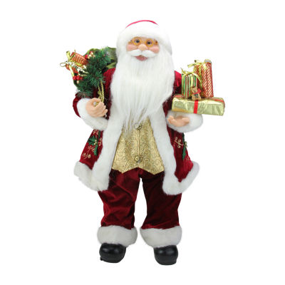 24'' Red Holly Berry Standing Santa Claus with Presents and Gift Bag Christmas Figurine