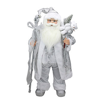 24'' Silver and White Santa Claus with Staff and Gift Bag Christmas Figure