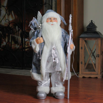 24'' Blue and Silver Ice Palace Santa Claus with Staff and Bag Christmas Figure