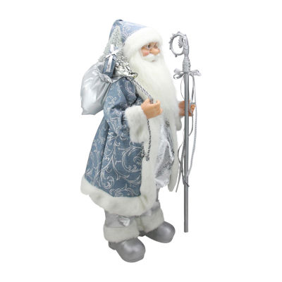 24'' Blue and Silver Ice Palace Santa Claus with Staff and Bag Christmas Figure