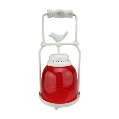11.75'' Decorative Red and White Antique Inspired Avian Bird Glass Votive Candle Holder Lantern