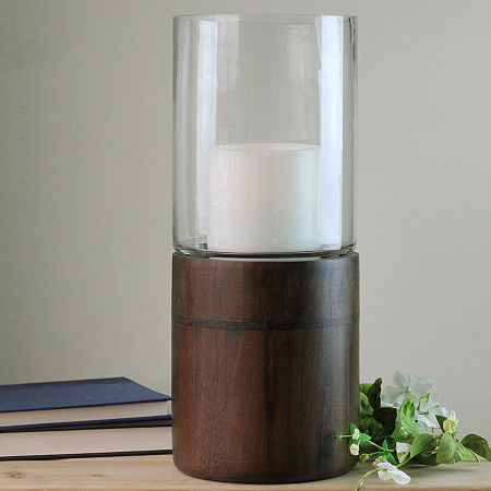 15.25'' Clear Glass Hurricane Pillar Candle Holder With Wooden Base, One Size, Multiple Colors