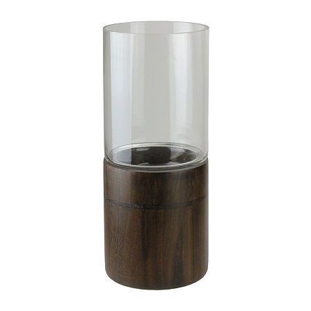 15.25'' Clear Glass Hurricane Pillar Candle Holder With Wooden Base, One Size, Multiple Colors