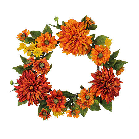 Mums And Daisies Twig Artificial Floral Wreath Orange 22-Inch, One Size, Orange