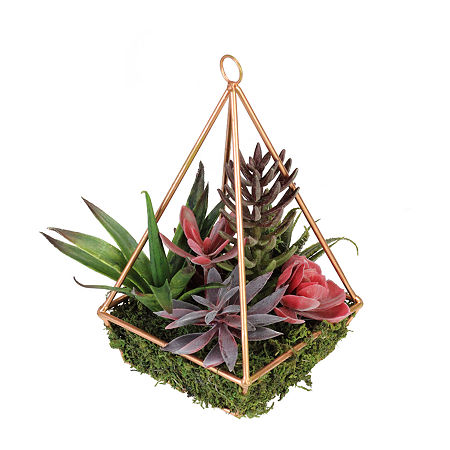 9 Artificial Succulents Arrangement In 4-Sided Copper Metal Wire Frame, One Size, Purple