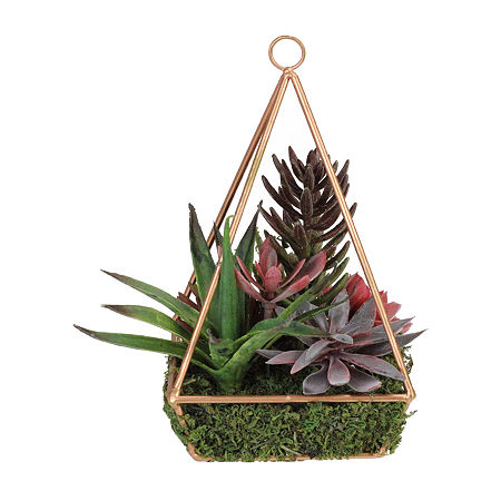 9 Artificial Succulents Arrangement In 4-Sided Copper Metal Wire Frame, One Size, Purple