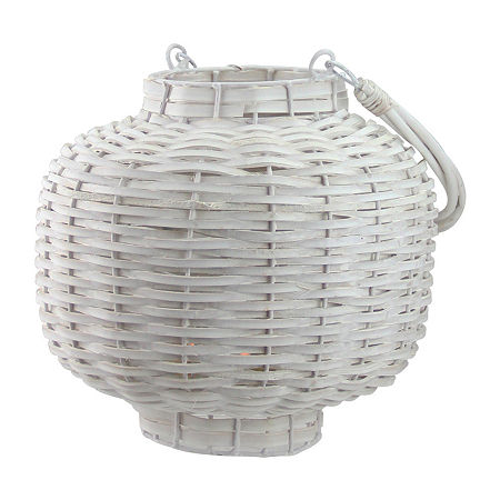 17.5'' Beach Day Weathered White Woven Wood Pillar Candle Lantern, One Size, White