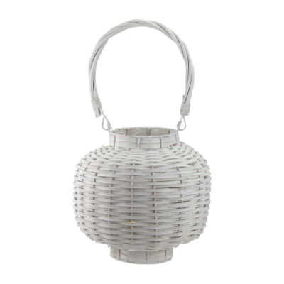 17.5'' Beach Day Weathered White Woven Wood Pillar Candle Lantern