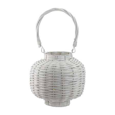 17.5'' Beach Day Weathered White Woven Wood Pillar Candle Lantern, One Size, White