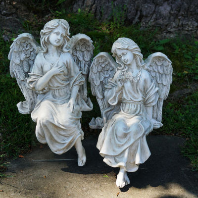 14'' Gray Set of 2 Decorative Sitting Angel Outdoor Garden Statues