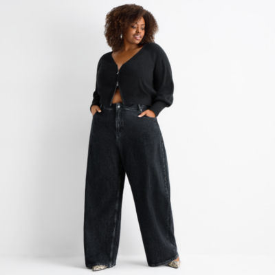 Ashley Graham Slouchy Womens Plus High Rise Wide Leg Jean