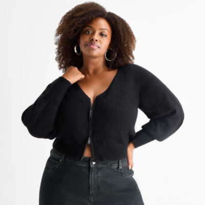 Ashley Graham Womens Plus Blouson Sleeve Zip Front Cardigan, Color