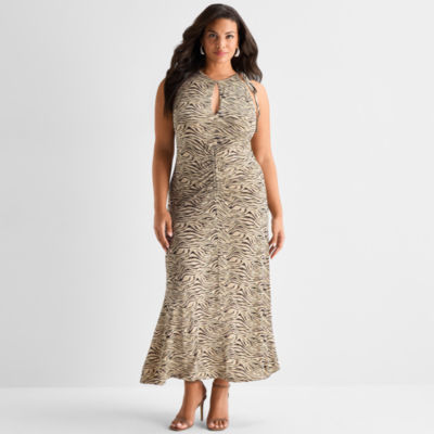 Ashley Graham Womens Plus Sleeveless Animal Maxi Dress