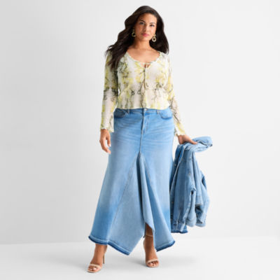 Ashley Graham Womens Plus V Neck Long Sleeve Blouse