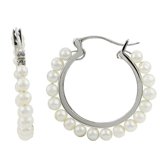 White Cultured Freshwater Pearl Sterling Silver 30mm Hoop Earrings