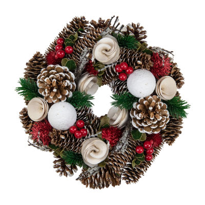 White Wooden Rose  Pine Cone and Berry Artificial Christmas Wreath  10-Inch  Unlit
